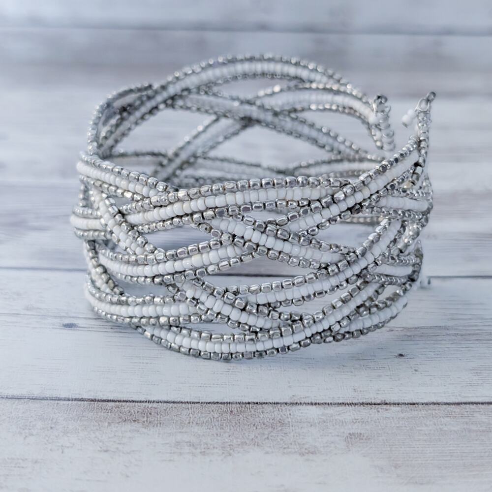 Vintage Cuff Bracelet Silver Tone & White Chunky Statement